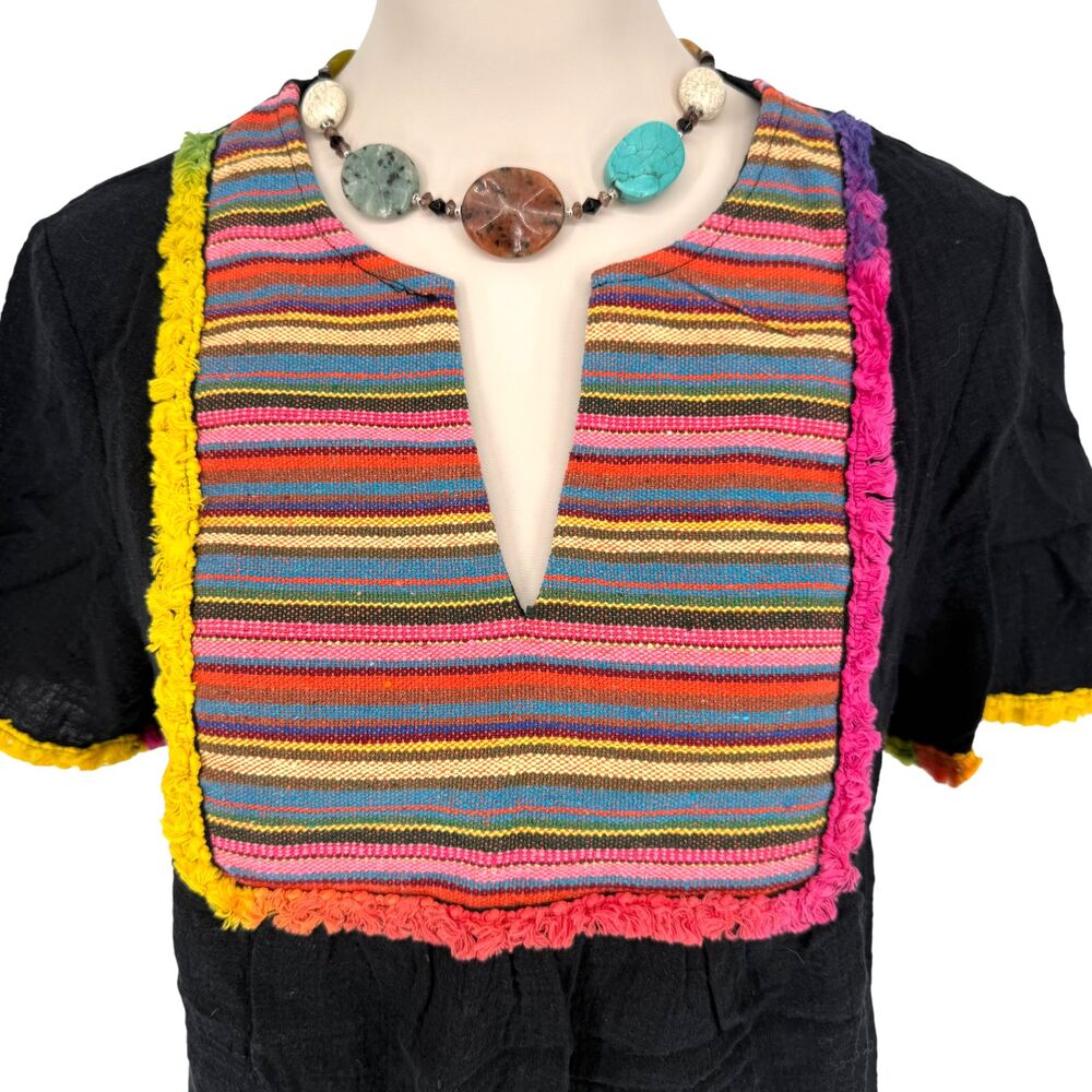 Boho Mexican Serape Stripe Bib Top Medium Entro Black Cotton Fringe Festival - Picture 4 of 15